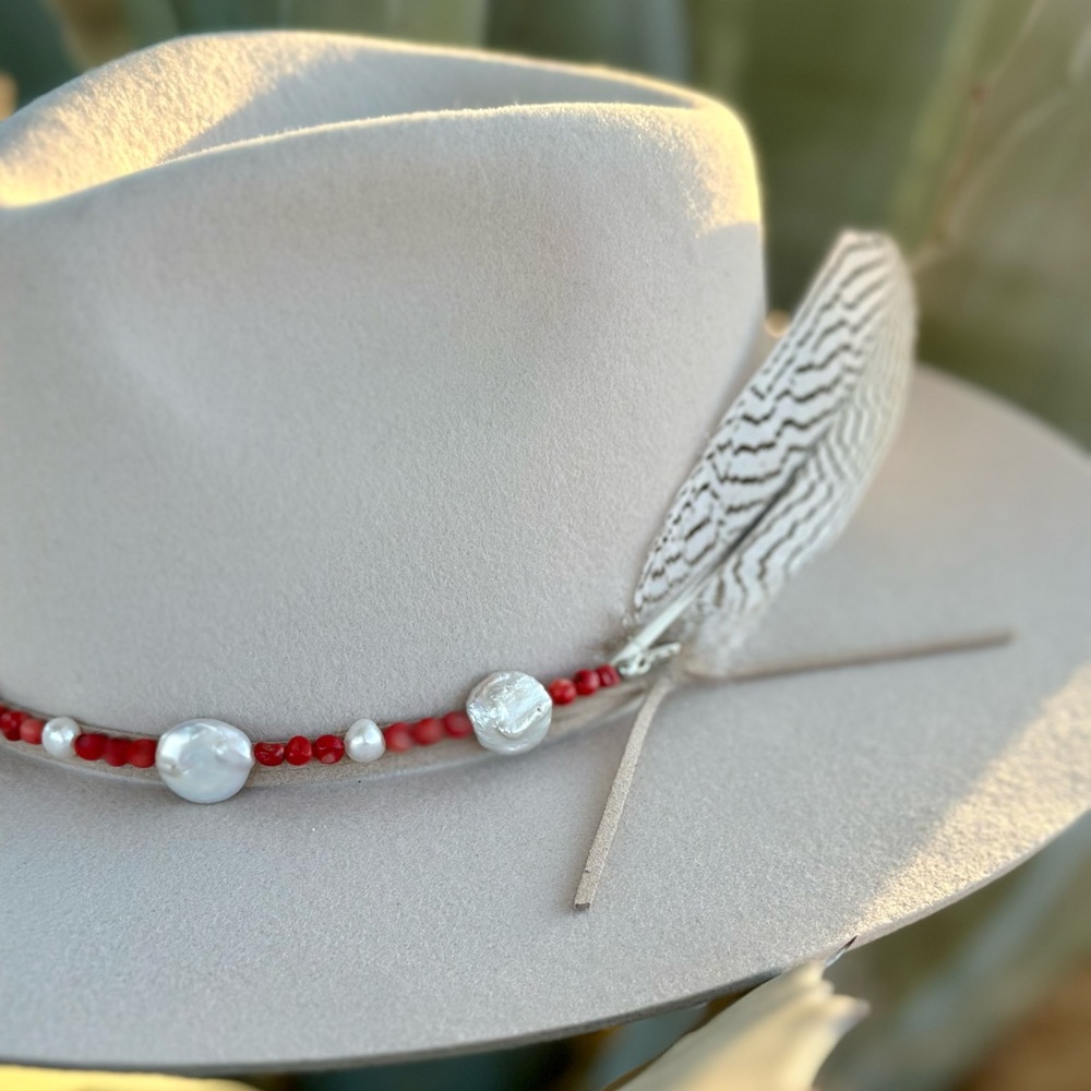 Freshwater Pearl and Red Coral Hat Band - Picture 2 of 9